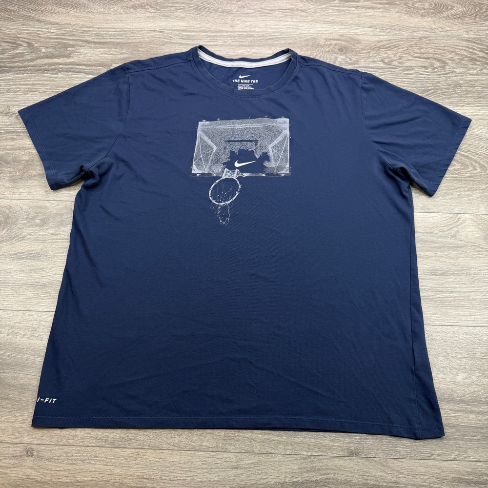 Nike T-Shirt Mens XL Navy Basketball Hoop Graphic Swoosh Athletic Cut Dri Fit